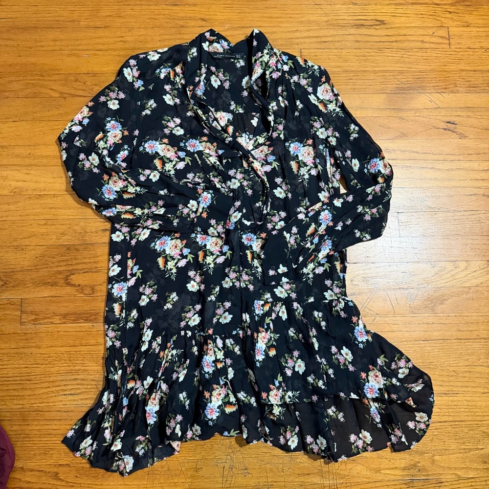 Zara Black Floral Ruffle Hem Dress